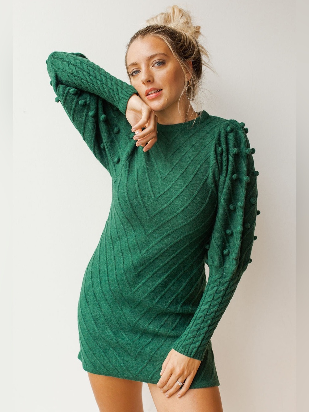 Avantlook Pom Pom Balloon Sleeve Sweater Dress